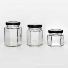 Vanjoin high quality 45ml 100ml 180ml 380ml 500ml 730ml hexagon glass honey jam jar with metal lid